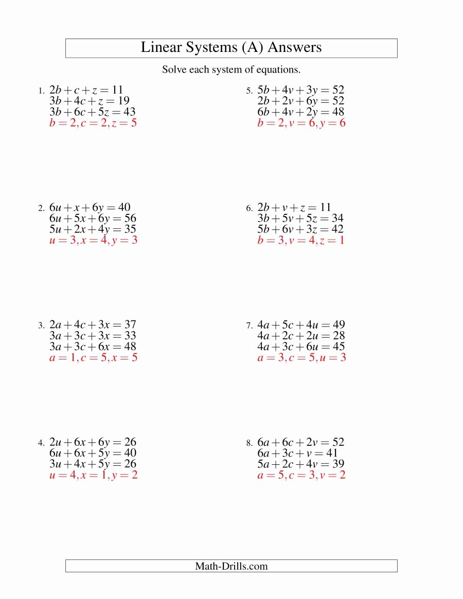 Systems Of Equations Practice Worksheet Unique Systems Of Linear Equations Three Variables A