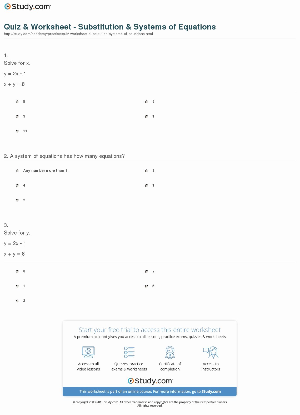 Systems Of Equations Substitution Worksheet Beautiful Quiz &amp; Worksheet Substitution &amp; Systems Of Equations