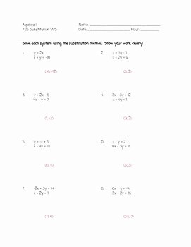 Systems Of Equations Substitution Worksheet Unique Algebra I solving Systems Of Equations with Substitution