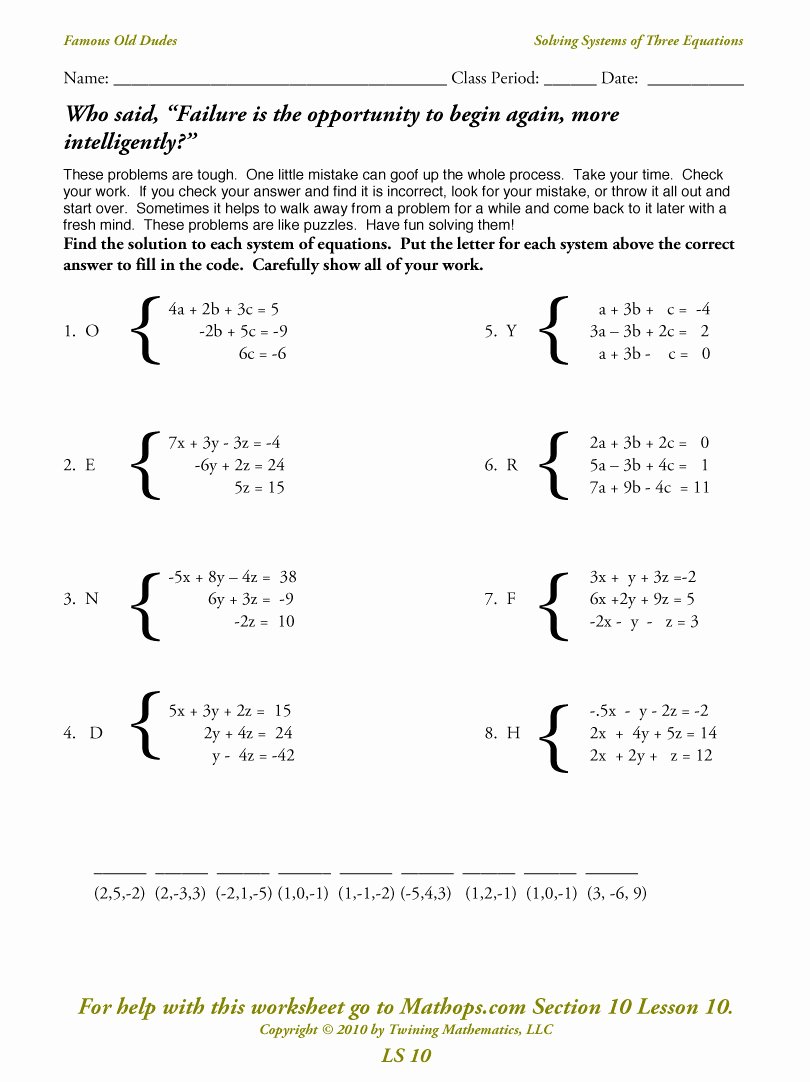 Systems Of Equations Worksheet Fresh Ls 10 Systems with Three Equations and Three Variables