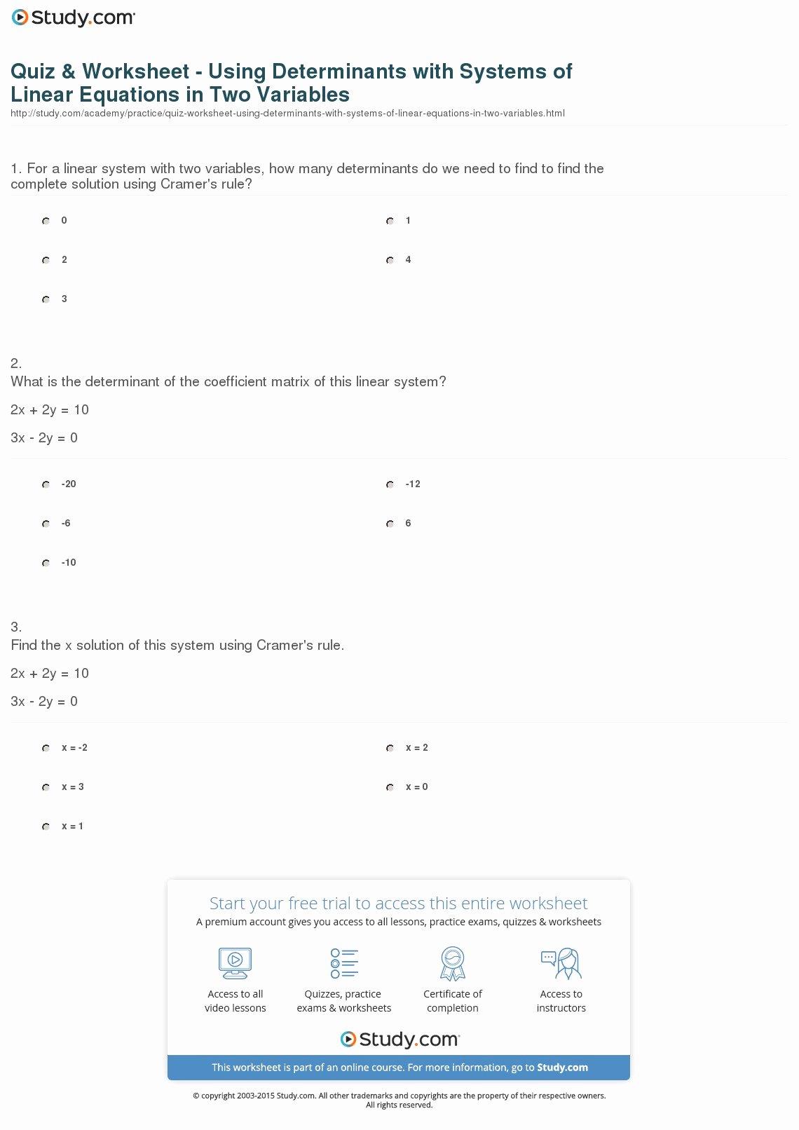 Systems Of Equations Worksheet Lovely Quiz &amp; Worksheet Using Determinants with Systems Of
