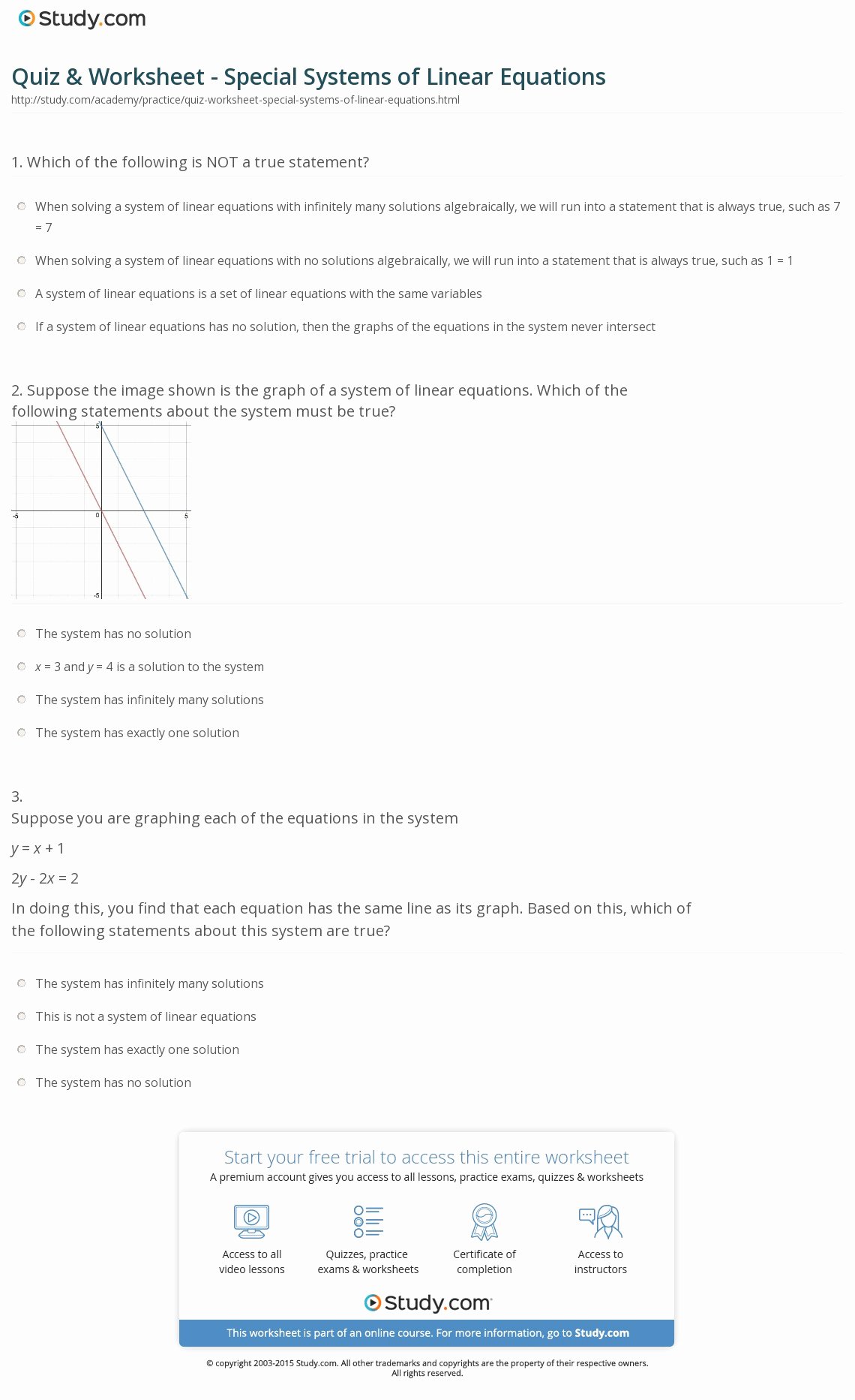 Systems Of Linear Equations Worksheet Awesome Quiz &amp; Worksheet Special Systems Of Linear Equations