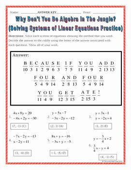 Systems Of Linear Equations Worksheet Awesome solving Systems Of Linear Equations Practice Riddle