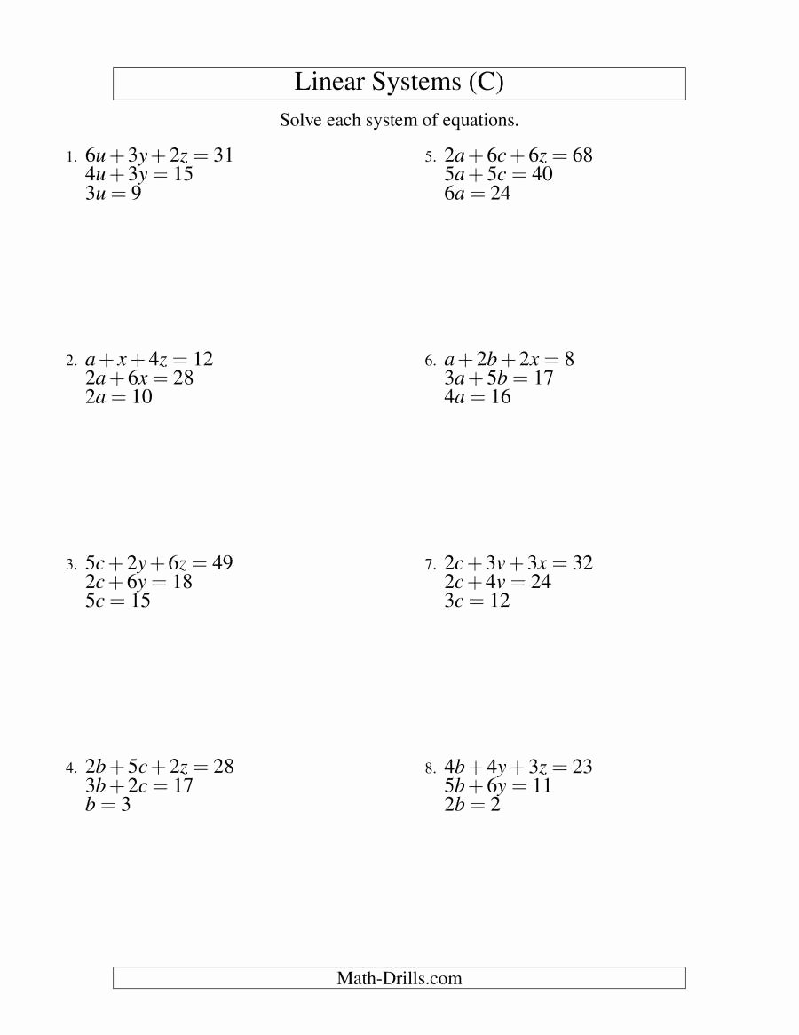Systems Of Linear Equations Worksheet Best Of Systems Of Linear Equations Three Variables Easy C