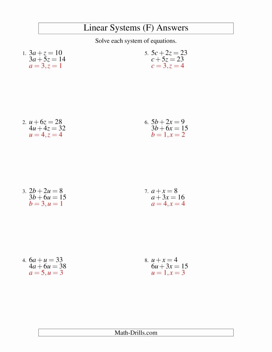 Systems Of Linear Equations Worksheet Fresh Systems Of Linear Equations Two Variables F