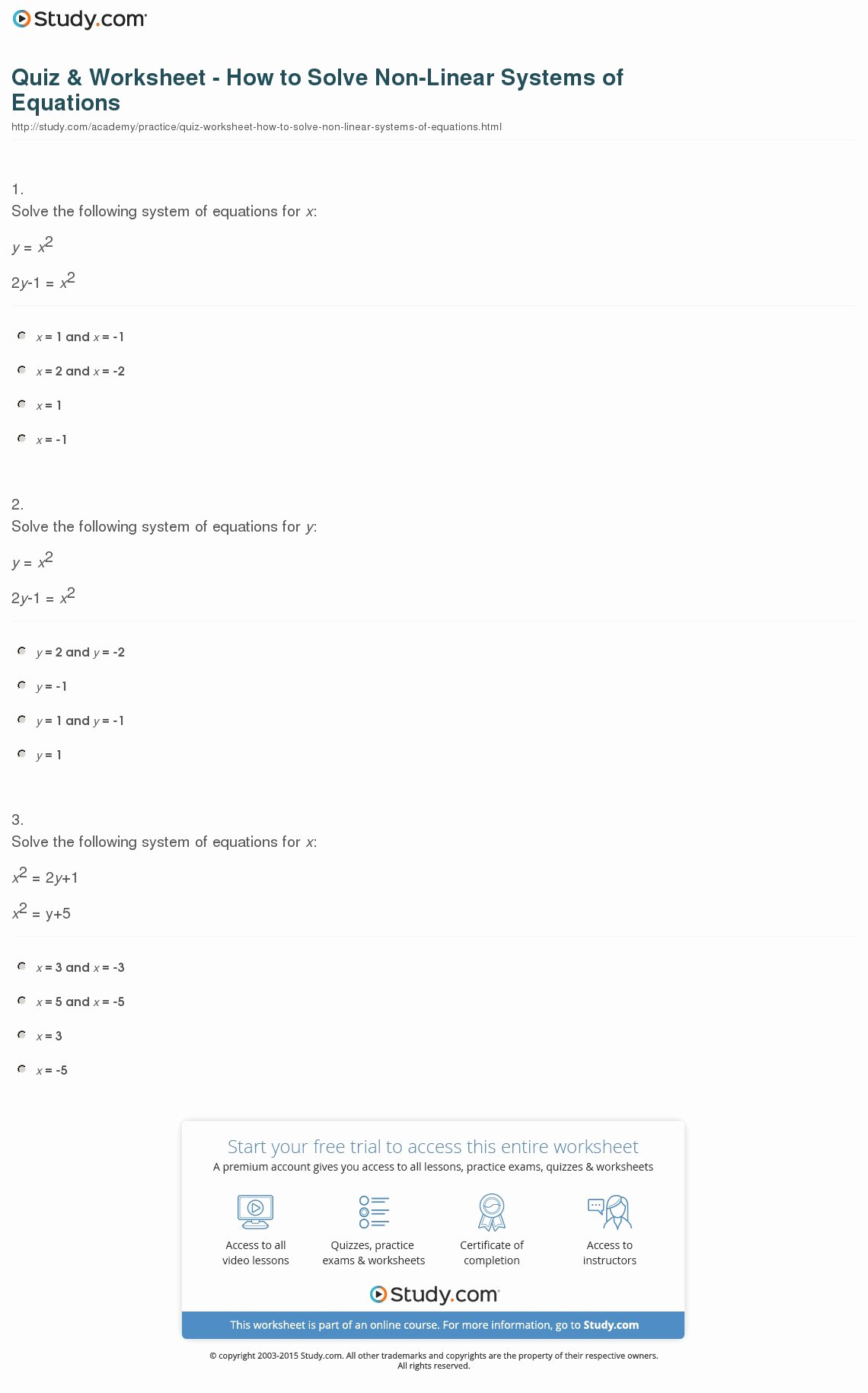 Systems Of Linear Equations Worksheet Unique Quiz &amp; Worksheet How to solve Non Linear Systems Of