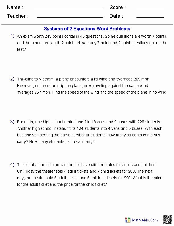 Systems Word Problems Worksheet Awesome Systems Of Two Equations Word Problems Mcr