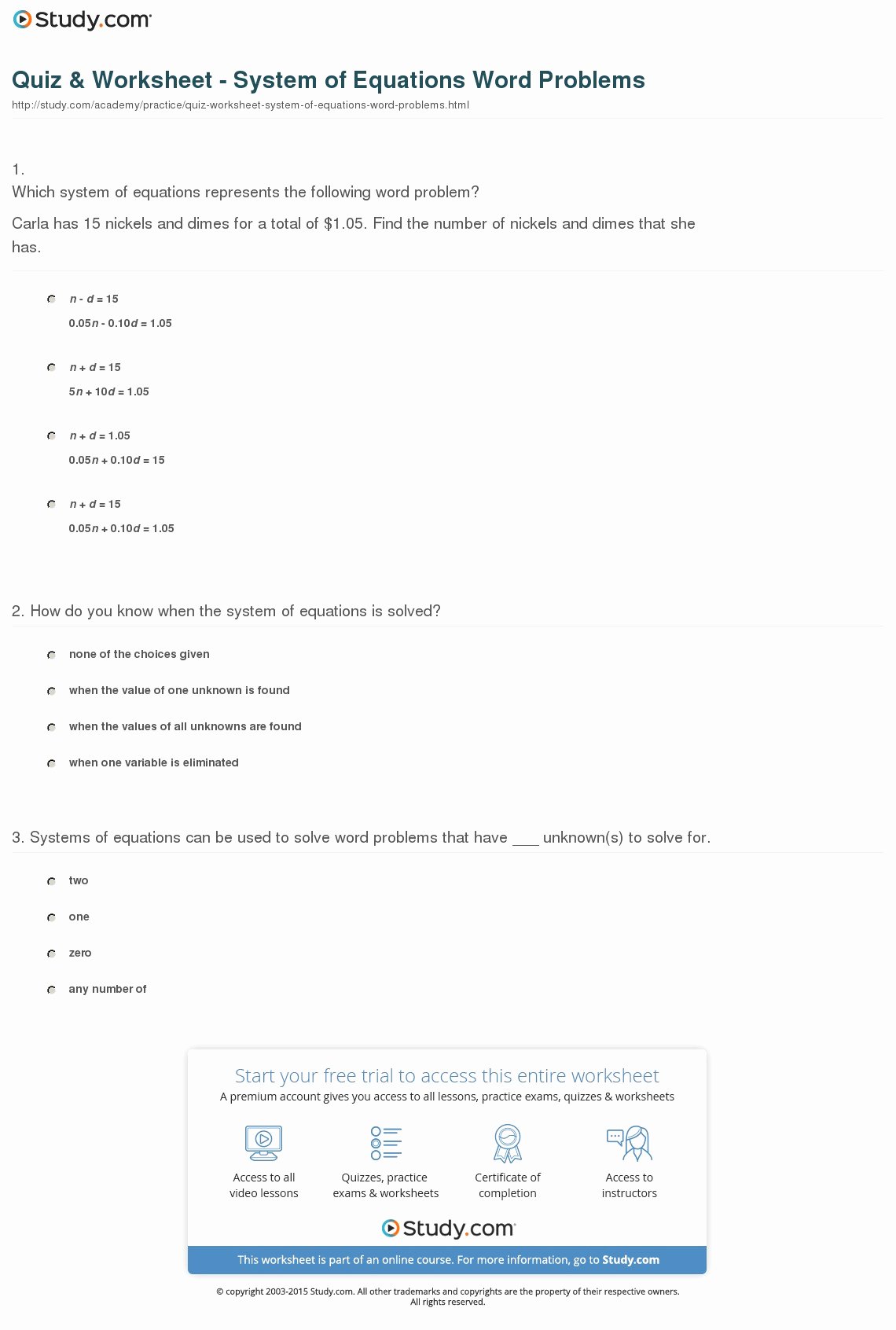 Systems Word Problems Worksheet Inspirational Quiz &amp; Worksheet System Of Equations Word Problems
