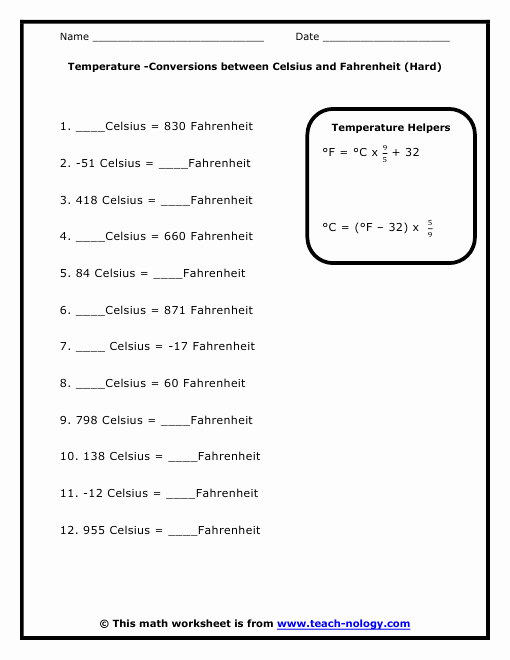 Temperature Conversion Worksheet Answer Key Inspirational Temperature Conversions Between Celsius and Fahrenheit
