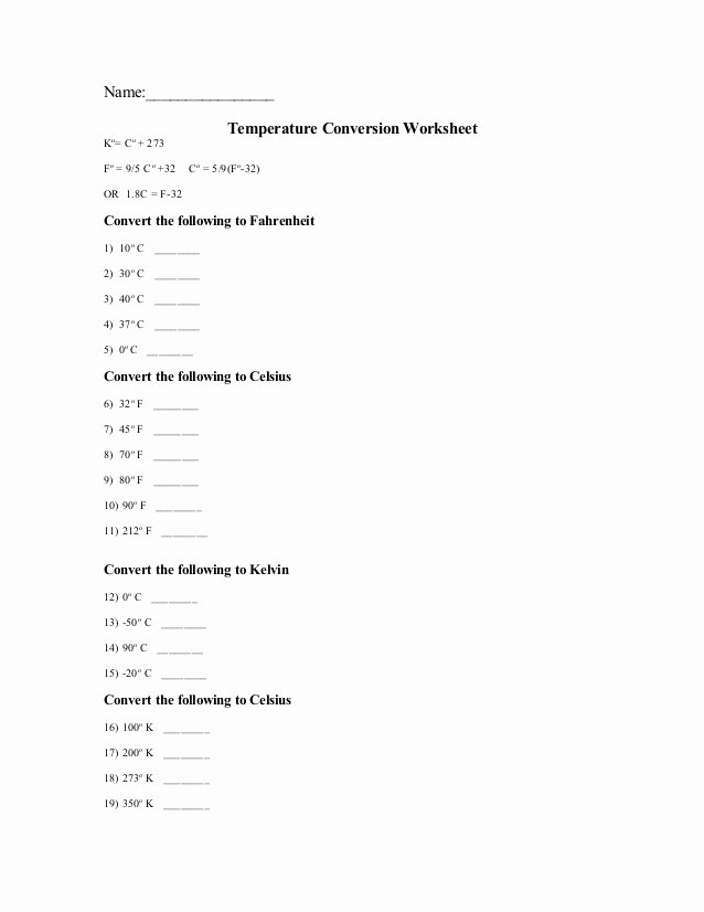 Temperature Conversion Worksheet Answers Inspirational Temperature Conversion Wkst