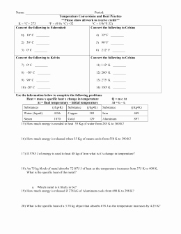 Temperature Conversion Worksheet Answers Lovely Specific Heat Capacity C formula Q = Mc T Exercises