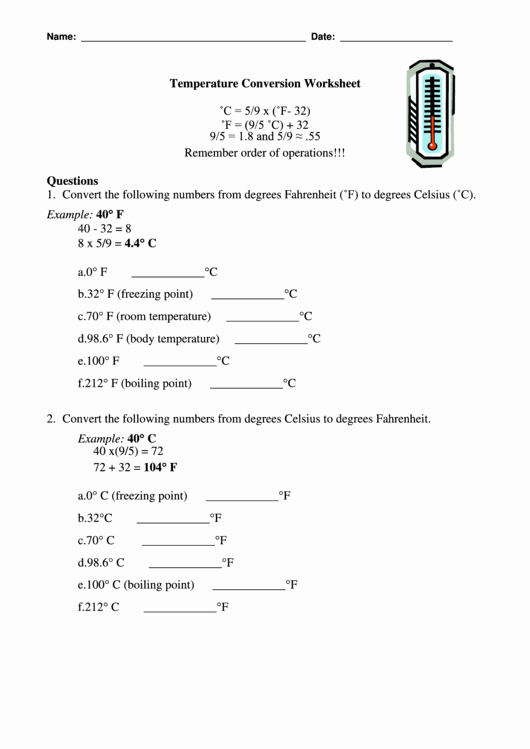 Temperature Conversion Worksheet Answers New Temperature Conversion Worksheet Template Printable Pdf