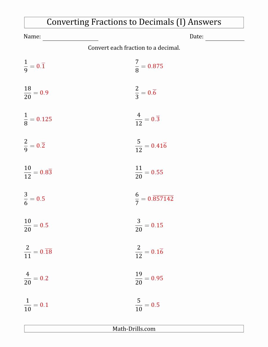 Terminating and Repeating Decimals Worksheet Beautiful Converting Fractions to Terminating and Repeating Decimals I