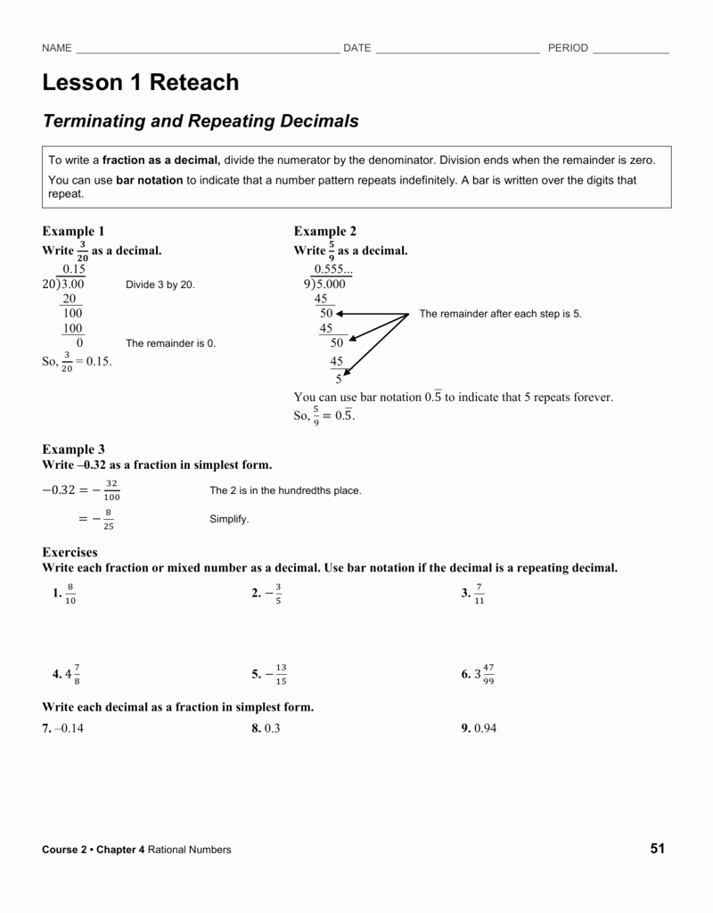 Terminating and Repeating Decimals Worksheet Best Of Reteach Worksheet
