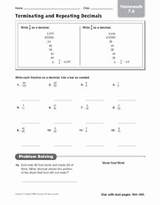 Terminating and Repeating Decimals Worksheet Unique Terminating and Repeating Decimals Homework 7 6 5th