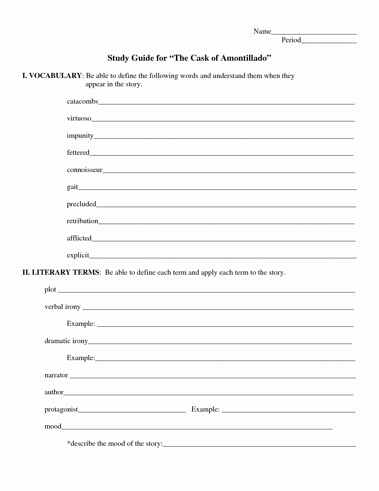 The Cask Of Amontillado Worksheet Inspirational 10 Best Of Reading Prehension Worksheets with