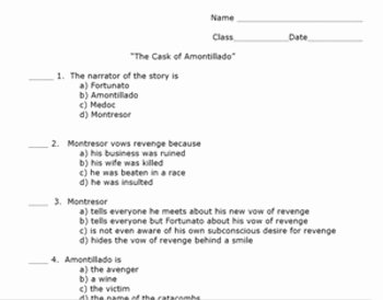 The Cask Of Amontillado Worksheet Inspirational the Cask Of Amontillado Quiz and Answer Key by Jamie