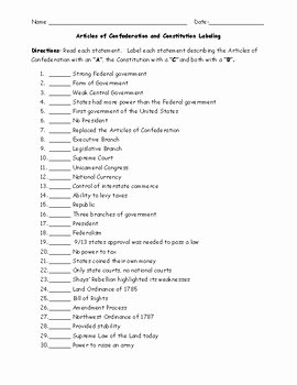 The Constitution Worksheet Answers Inspirational Articles Of Confederation and Constitution Labeling