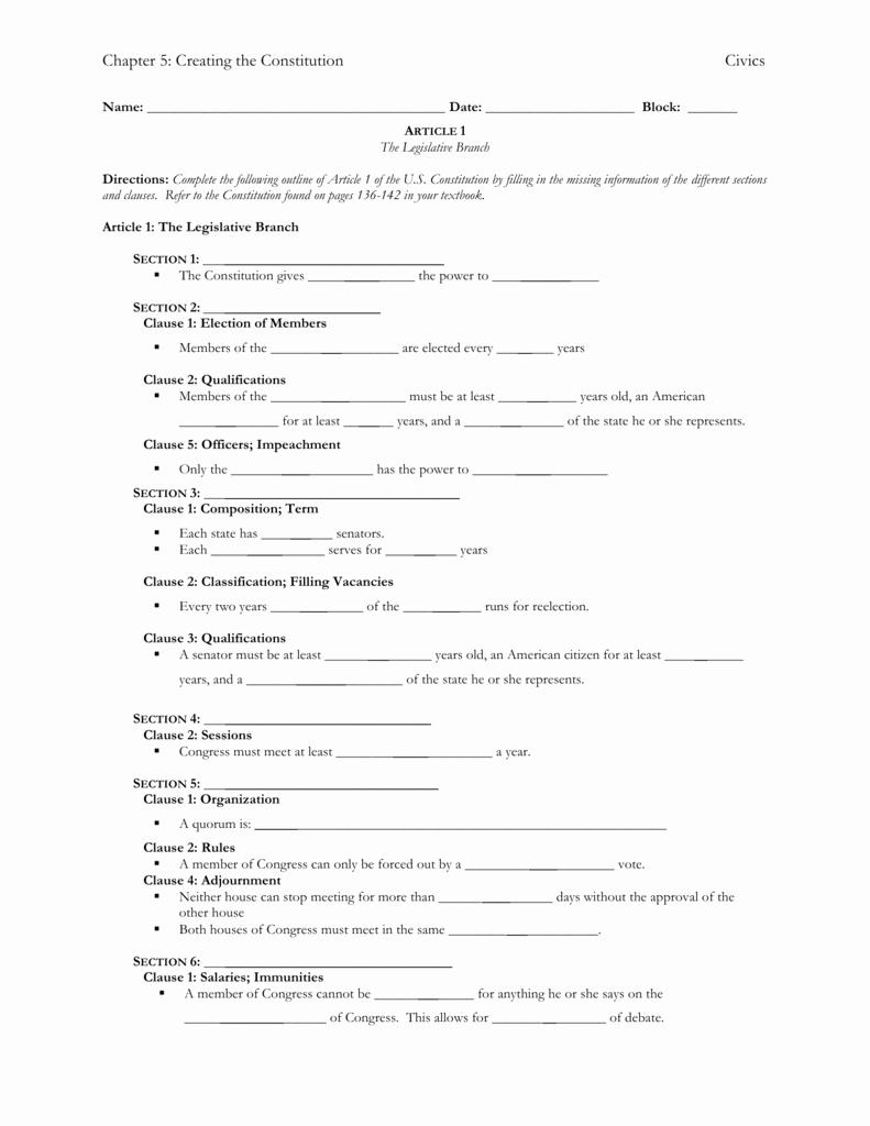 The Constitution Worksheet Answers Lovely the organization Congress Chapter 5 Worksheet Answers