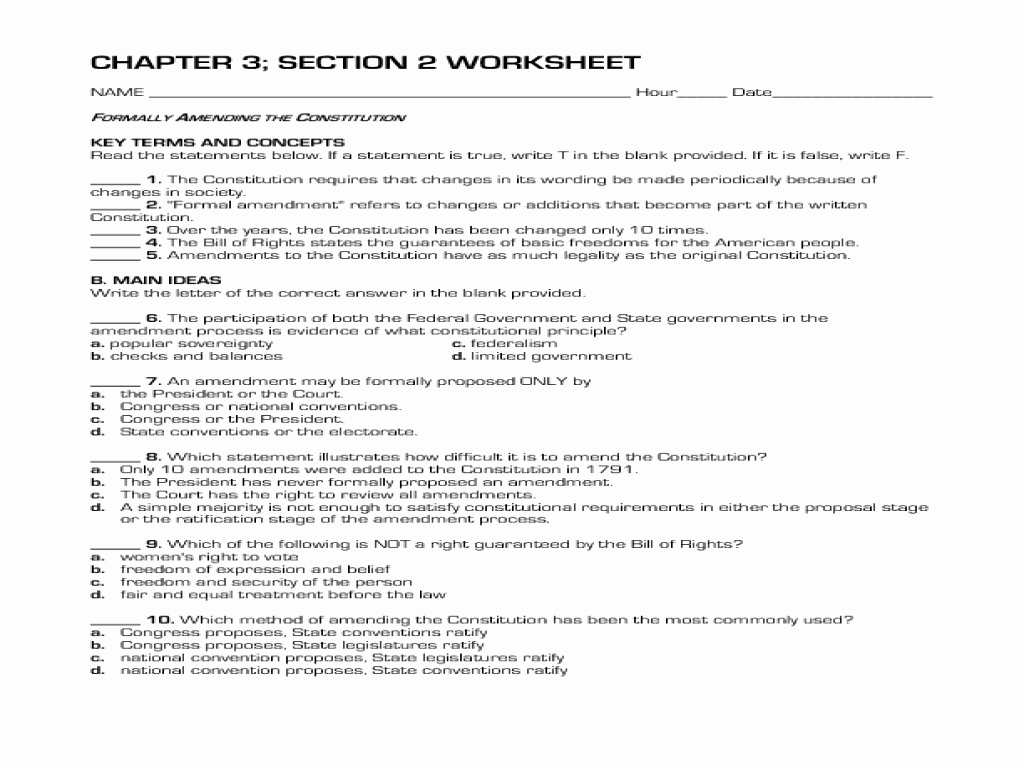 The Constitution Worksheet Answers Luxury formally Amending the Constitution Worksheet for 10th