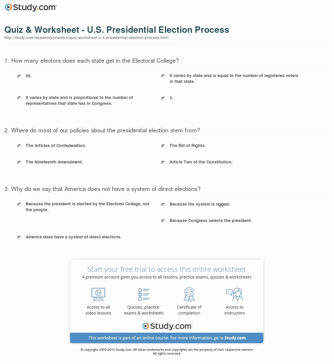 The Electoral Process Worksheet Beautiful Quiz &amp; Worksheet U S Presidential Election Process