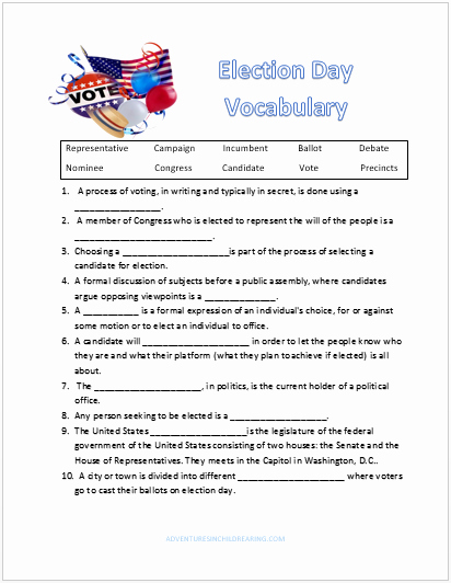 The Electoral Process Worksheet Elegant Election Day Vocabulary Worksheet Freebie