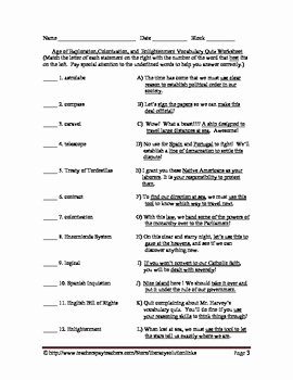 The Enlightenment Worksheet Answers New Age Of Exploration Colonization Enlightenment Vocabulary