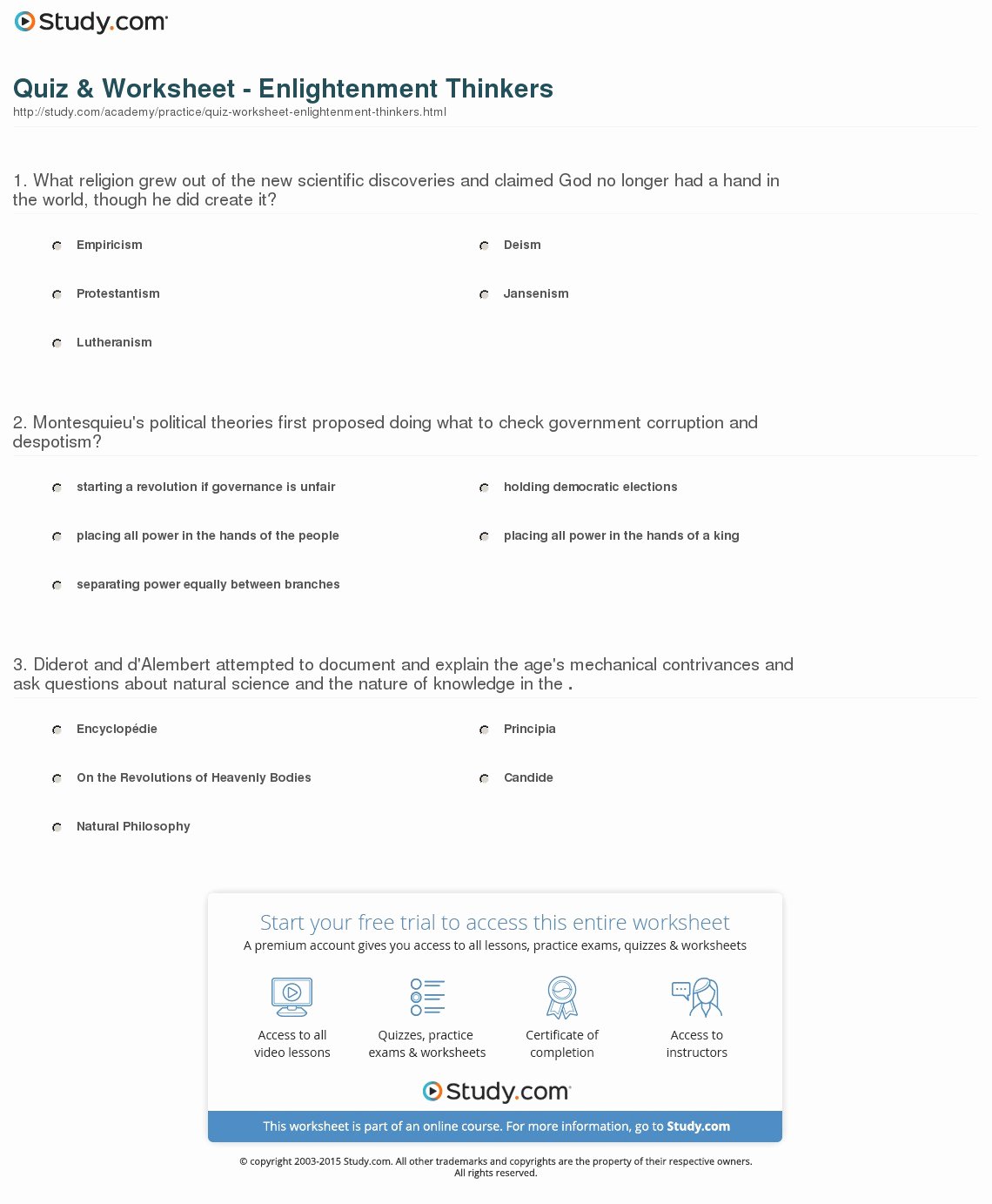 The Enlightenment Worksheet Answers New Quiz &amp; Worksheet Enlightenment Thinkers