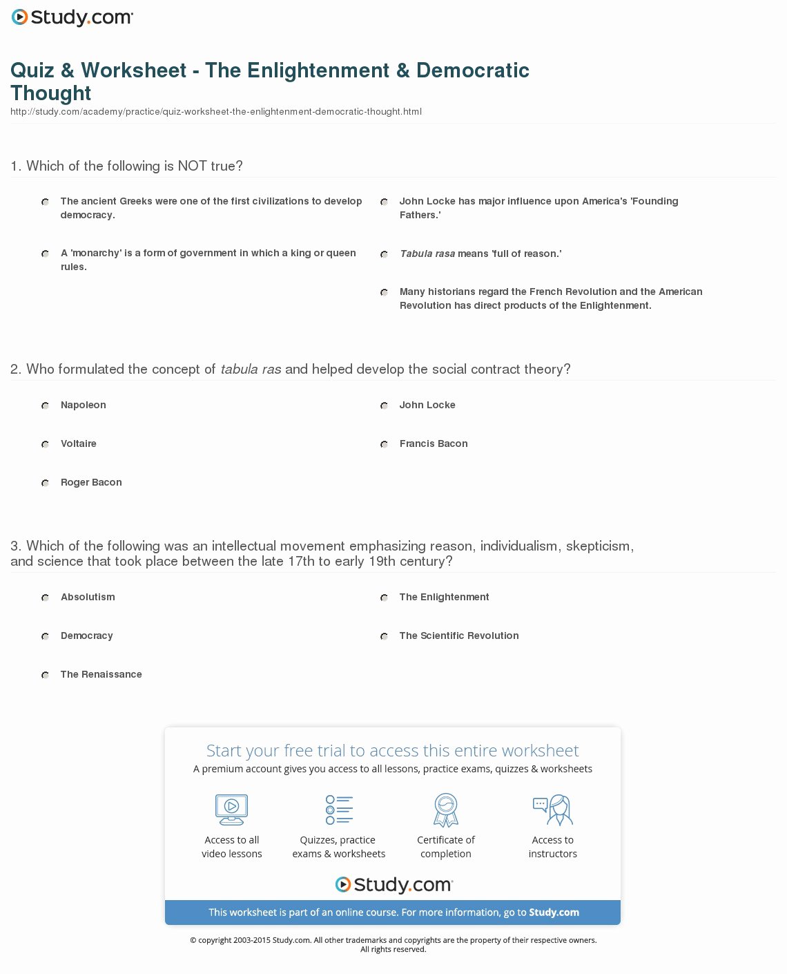 The Enlightenment Worksheet Answers New Quiz &amp; Worksheet the Enlightenment &amp; Democratic thought