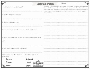The Executive Branch Worksheet Unique Executive Branch Of Government Differentiated Reading