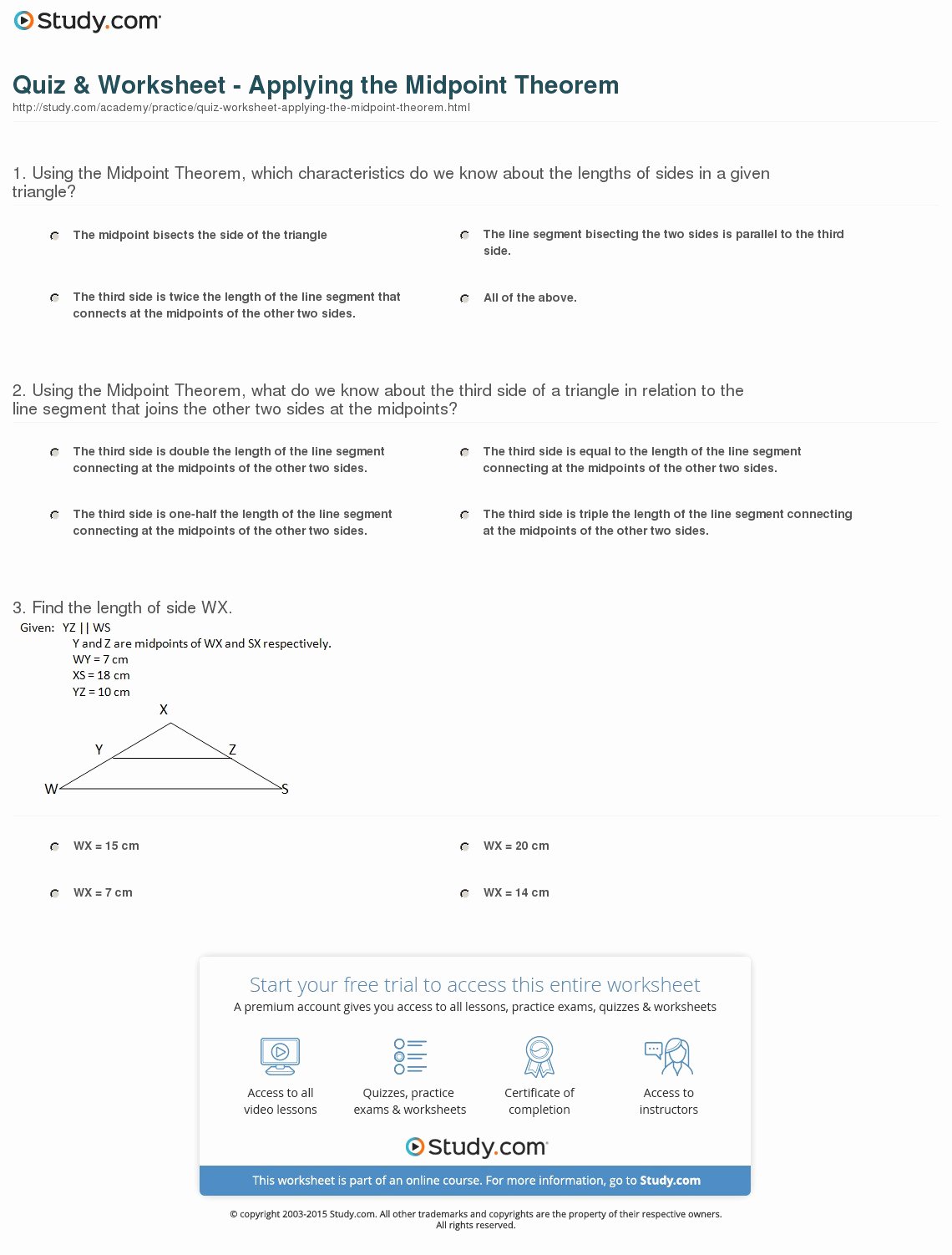The Midpoint formula Worksheet Answers Inspirational Quiz &amp; Worksheet Applying the Midpoint theorem
