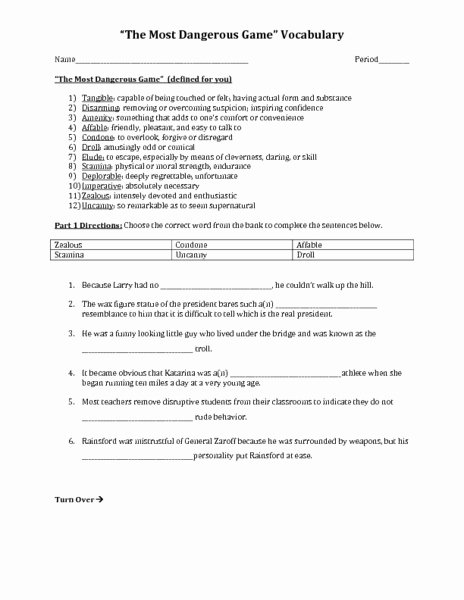 The Most Dangerous Game Worksheet Inspirational &quot;the Most Dangerous Game&quot; Vocabulary Worksheet for 6th