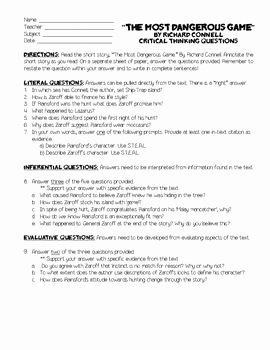The Most Dangerous Game Worksheet Lovely Dangerous Games Higher order Thinking and Critical