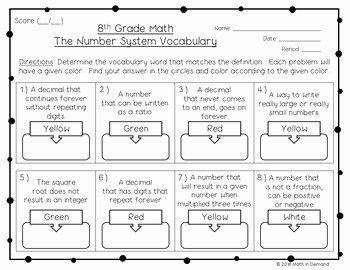 The Number System Worksheet Elegant 8th Grade Math Number System Vocabulary Coloring Worksheet