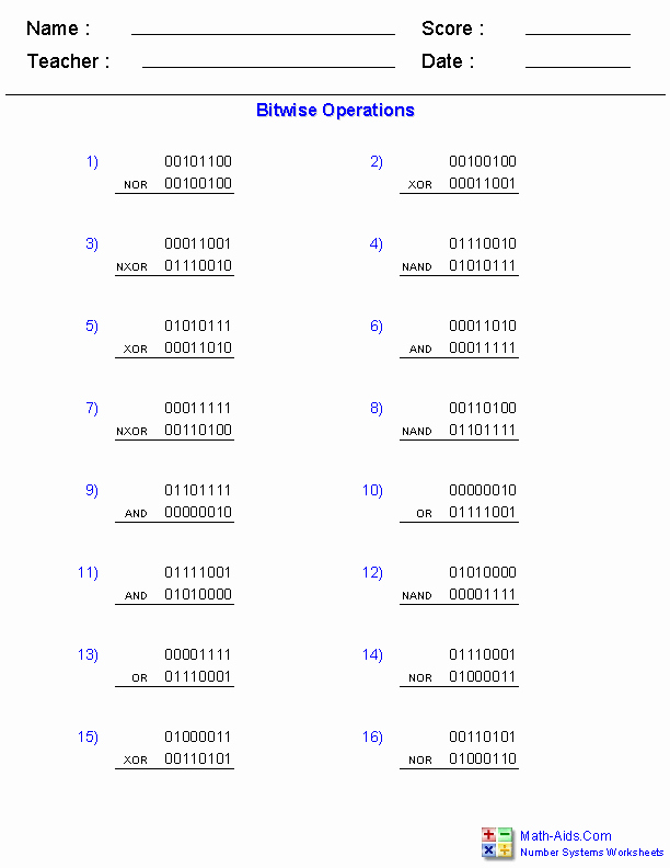 The Number System Worksheet Elegant Bitwise Operations Worksheets Math Aids