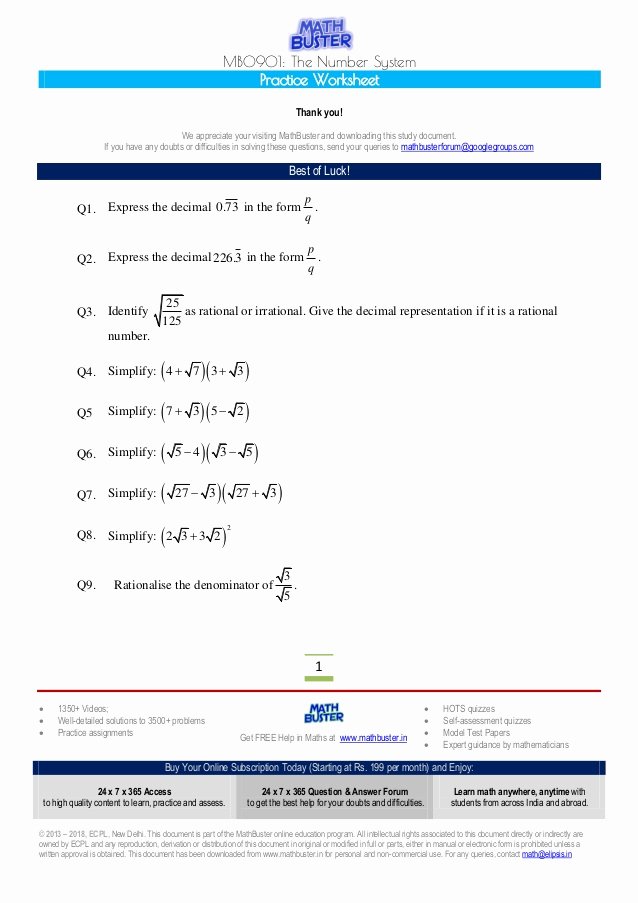 The Number System Worksheet Unique Mathbuster Practice Worksheet Cbse Class 9 Chapter 1