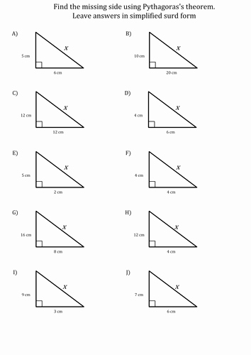 The Pythagorean theorem Worksheet Luxury Pythagoras Finding the Missing Sides Using Surds by