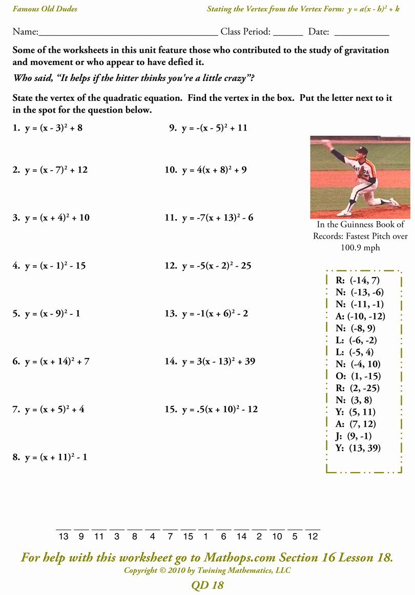 The Quadratic formula Worksheet Fresh Writing Equations Parabolas In Vertex form Worksheet