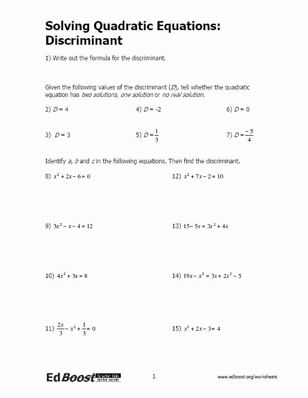The Quadratic formula Worksheet Lovely solving Quadratic Equations Using the Discriminant