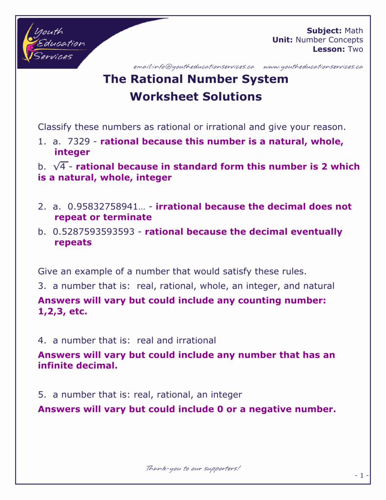 The Real Number System Worksheet Awesome Natural whole Integer Rational Irrational Real Numbers