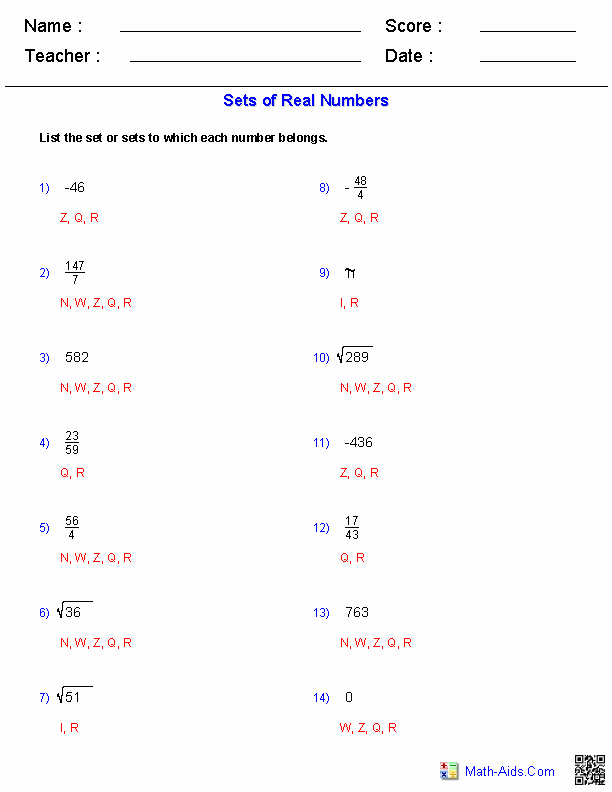The Real Number System Worksheet Inspirational Algebra 1 Worksheets
