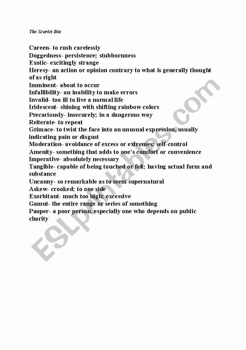 The Scarlet Ibis Worksheet Luxury English Worksheets Vocabulary From the Scarlet Ibis
