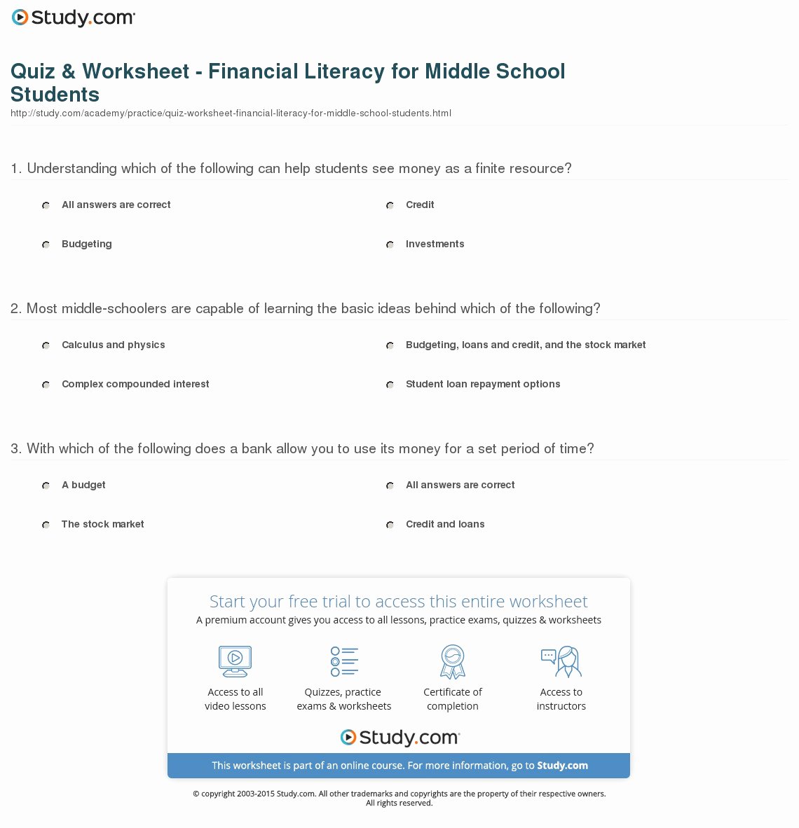 The Student Budget Worksheet Answers Inspirational Quiz &amp; Worksheet Financial Literacy for Middle School