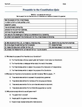 The Us Constitution Worksheet Answers Luxury Preamble to the Constitution Quiz or Worksheet by Leslie