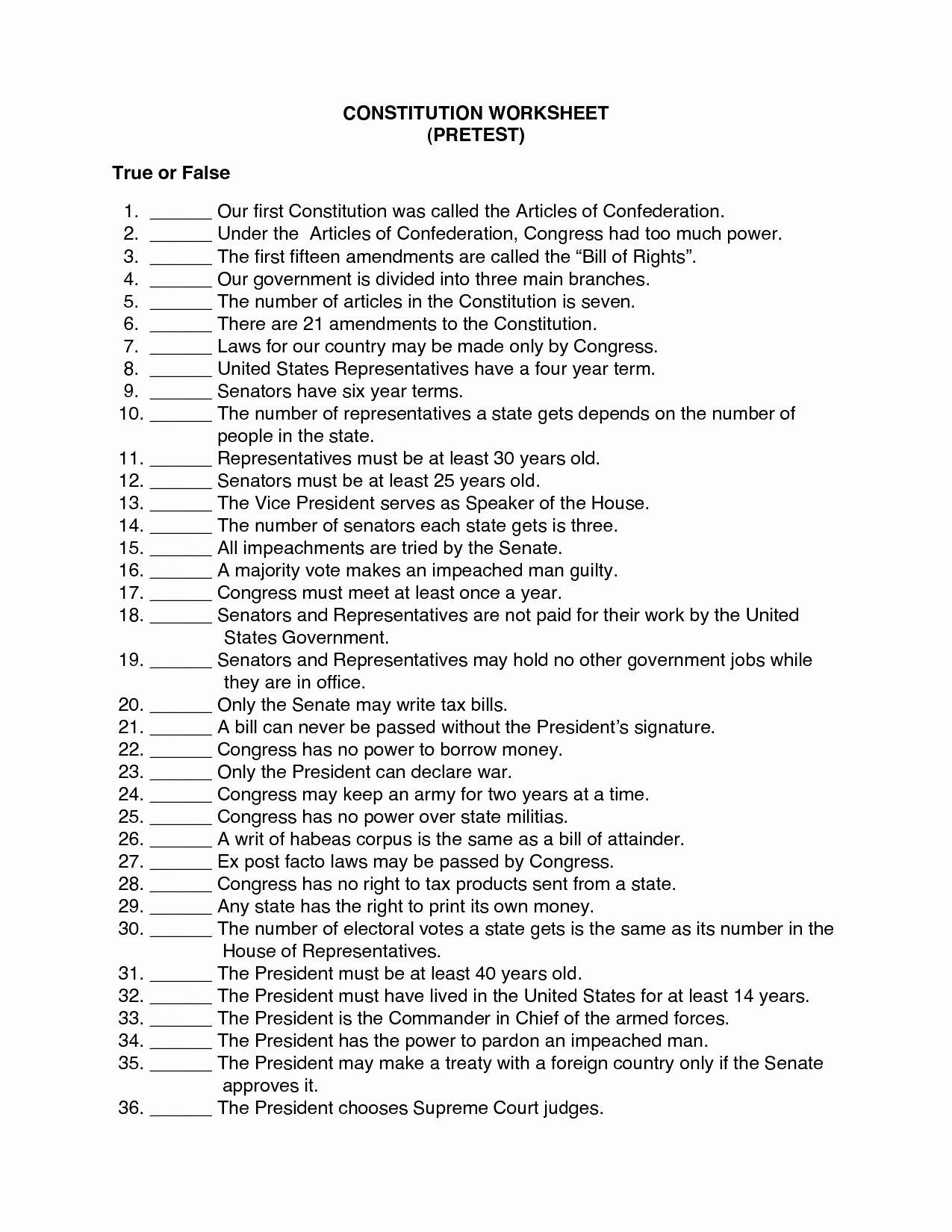 50 The Us Constitution Worksheet