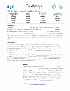 The Water Cycle Worksheet Answers New Cloze Activity the Water Cycle 3rd 4th Grade Worksheet