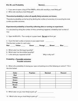 Theoretical and Experimental Probability Worksheet Inspirational theoretical and Experimental Probability M&amp;m Activity
