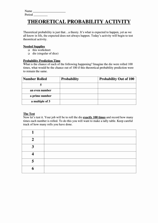 Theoretical and Experimental Probability Worksheet New theoretical Probability Activity Worksheet Printable Pdf