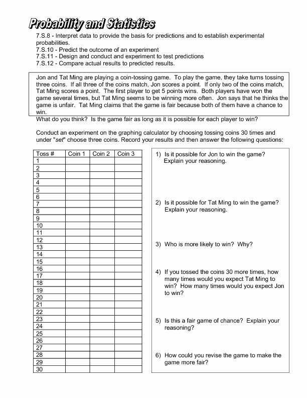 Theoretical and Experimental Probability Worksheet Unique Probability and Statistics Experimental Probability