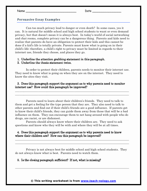 Thesis Statement Practice Worksheet Lovely Persuasive Essay Examples Guided Response